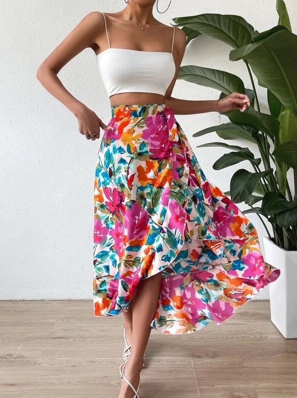 Floral Print Knot Side Wrap Skirt