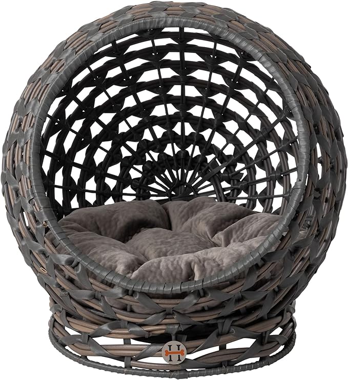 Huntley Equestrian Pet Rattan Cat Bed Condo, Elevated with Round Cushion, Grey (02196)
