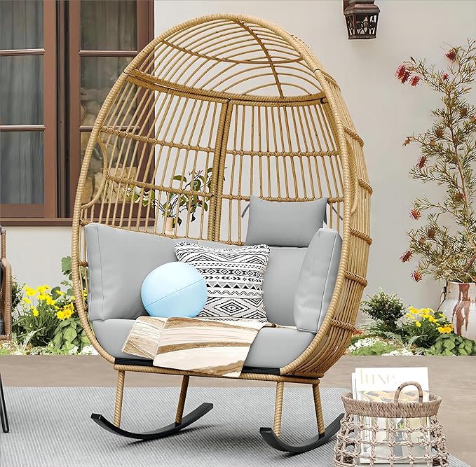 YITAHOME Outdoor Wicker Rocking Egg Chair, Patio Rocking Basket Chair with 370lbs Capacity, All-Weather Oversized Egg Lounger Chair for Indoor Living Room Outside Balcony Backyard - Grey