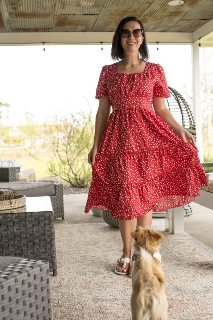 Red heart dress from Temu worn by Have Clothes WIll Travel on a patio