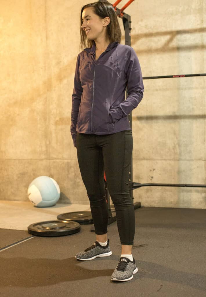 Thermal Sports Track Jacket by QUALICOS in purple from Temu worn by Lindsey Puls in a gym setting