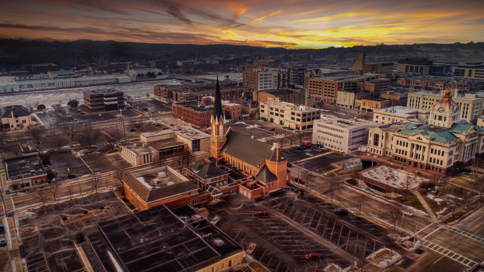 Aerial view of Green Bay during sunset