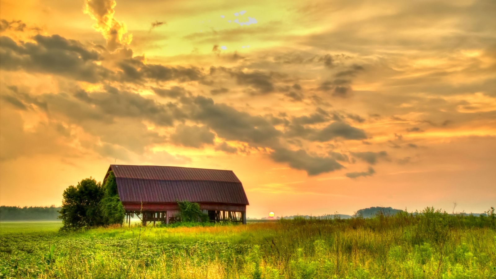 American Midwest Barn Landscape. Sunset over a farm field with a traditional red barn at the horizon.