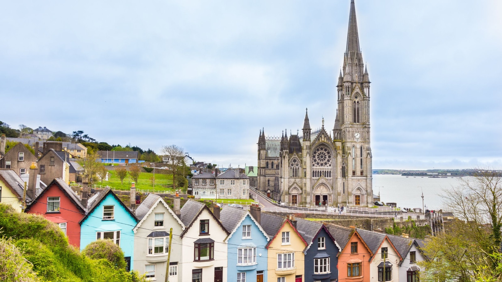 Cathedral and colored houses in Cobh, Ireland
