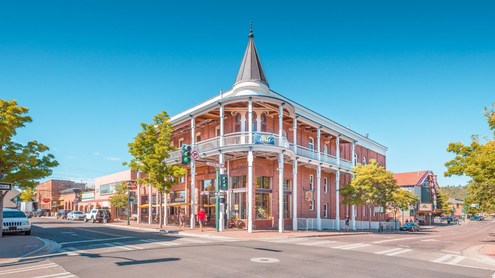 FLAGSTAFF, ARIZONA - SEPTEMBER 19, 2016: Beautiful view of the historic city center of Flagstaff on sunny day with blue sky in summer, northern Arizona, American Southwest, USA.