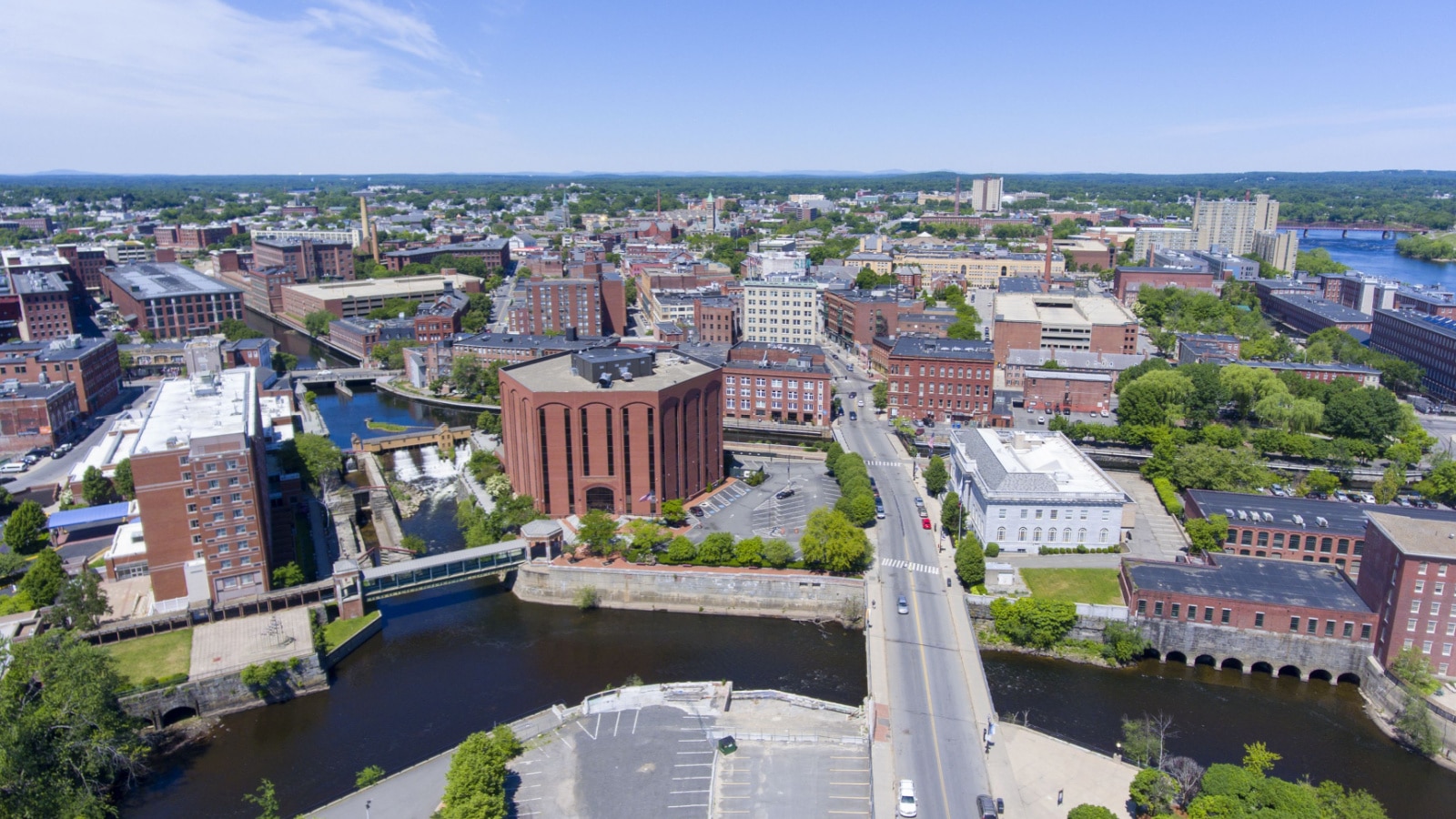 Lowell historic downtown and Concord River aerial view in Lowell, Massachusetts, USA.