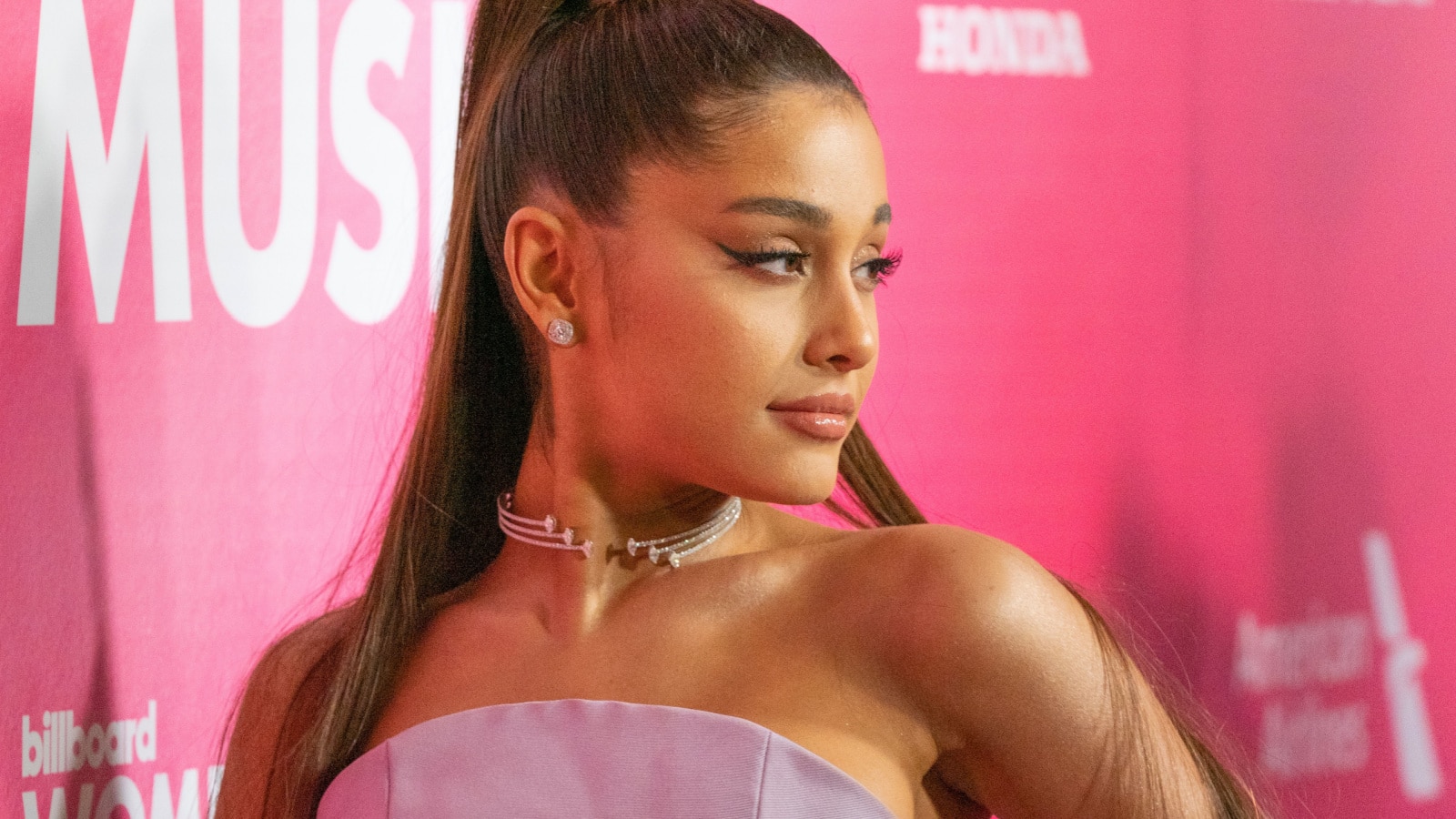 New York, NY - December 6, 2018: Ariana Grande wearing dress by Christian Siriano attends Billboard's 13th Annual Women in Music gala at Pier 36