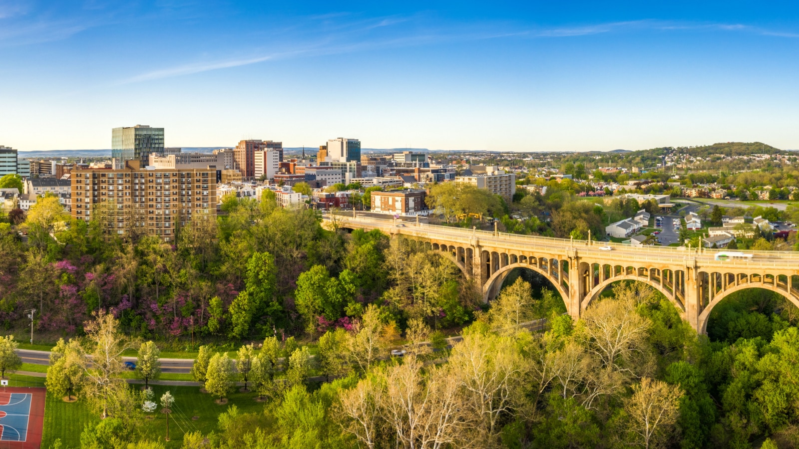 Aerial panorama of Allentown, Pennsylvania skyline and Albertus L. Meyers Bridge (aka Eighth Street Bridge) on late sunny afternoon . Allentown is Pennsylvania's third most populous city.