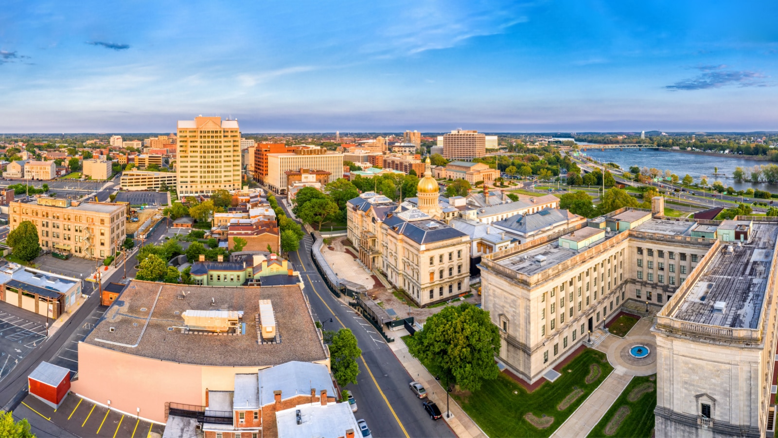Aerial panorama of Trenton New Jersey skyline on late sunny afternoon