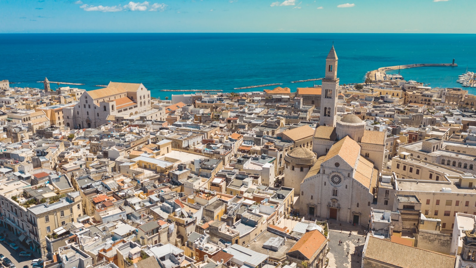 Aerial view of Bari old town. On the right there is Bari Cathedral (Saint Sabino), on the left there is "San Nicola Basilica", Bari second Cathedral. These churches were built during middle ages.