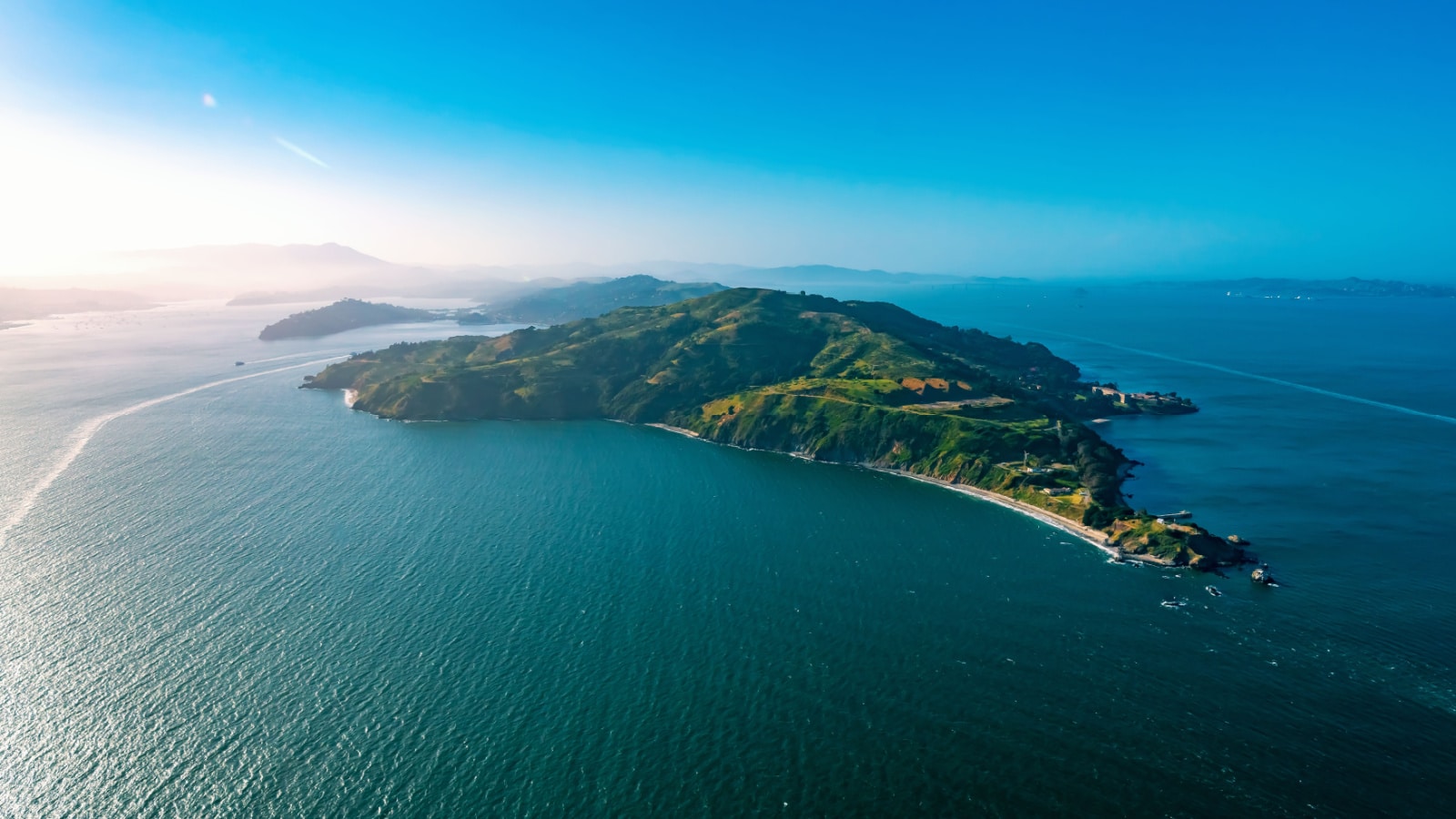 Aerial view of Angel Island at sunset off the coast of San Francisco