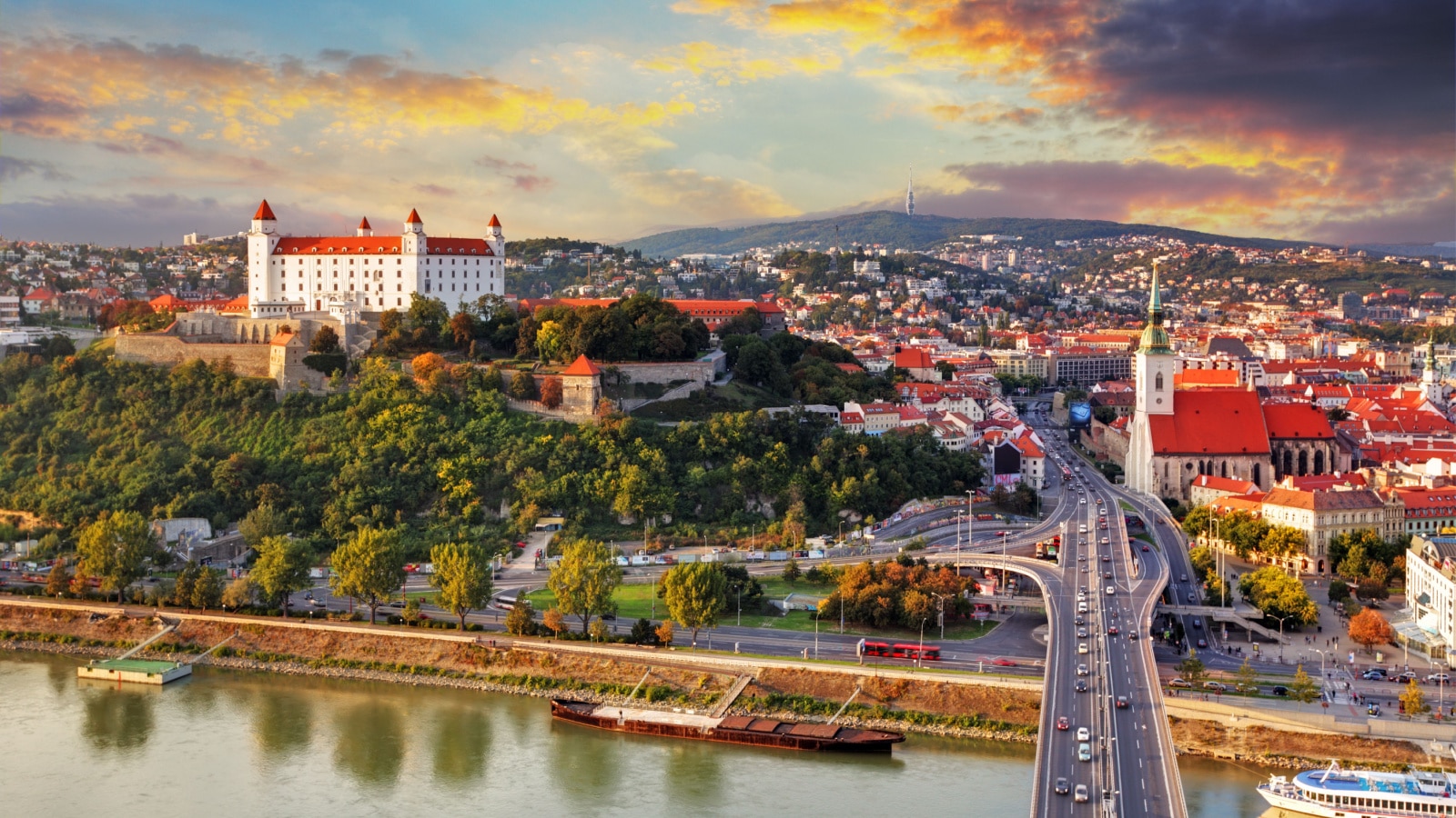 Bratislava at sunset - aerial view, Slovakia