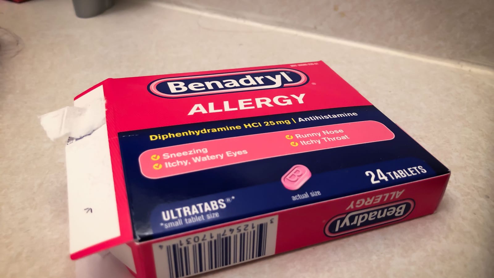 Birmingham, AL / USA - August 4, 2020: Opened box of Benadryl Allergy medication. 24 tablet count - 25mg