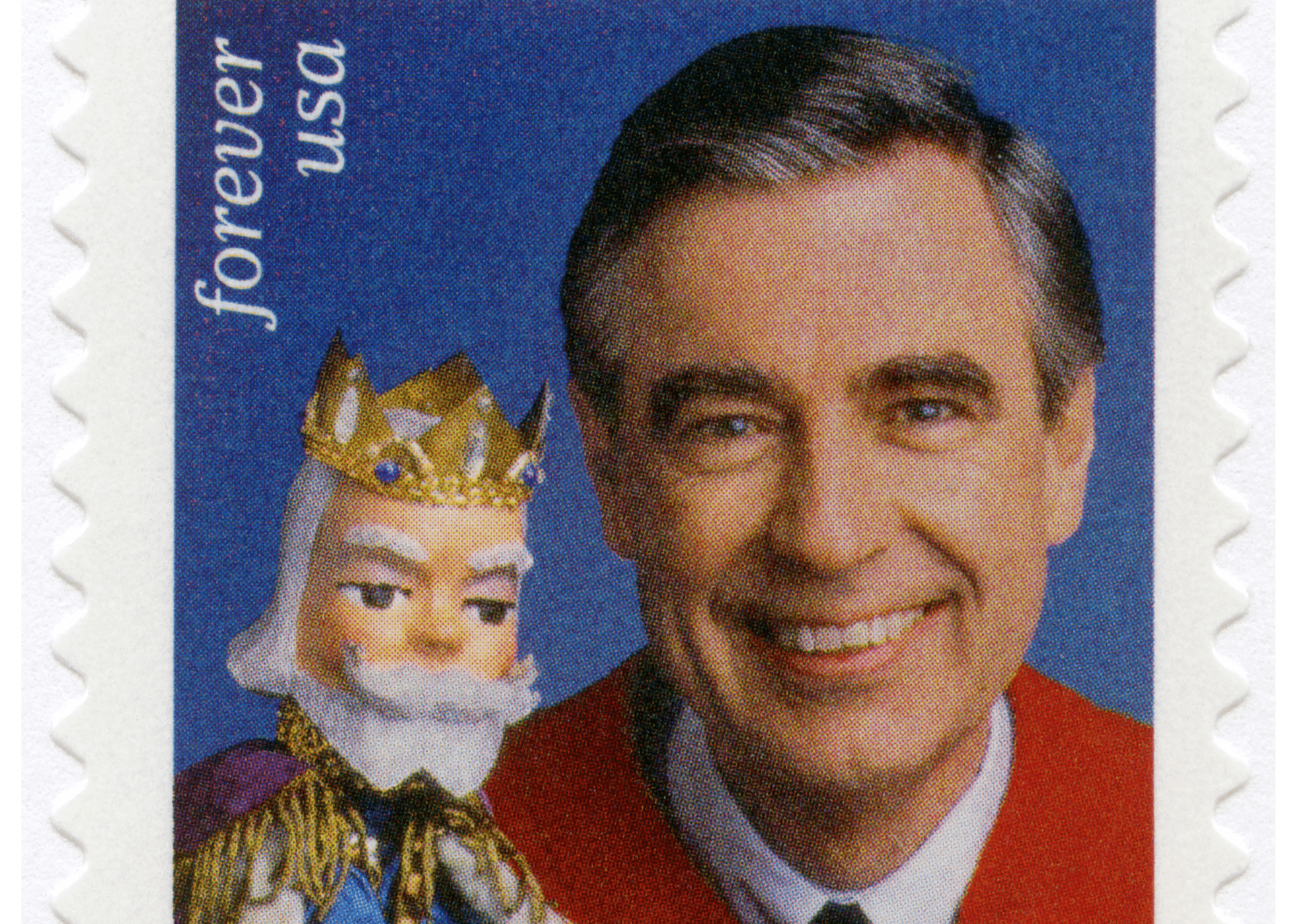 WASHINGTON, USA - MARCH 23, 2018: A stamp printed in USA shows portrait of Fred McFeely Mister Rogers (1928-2003), series Forever, 2018