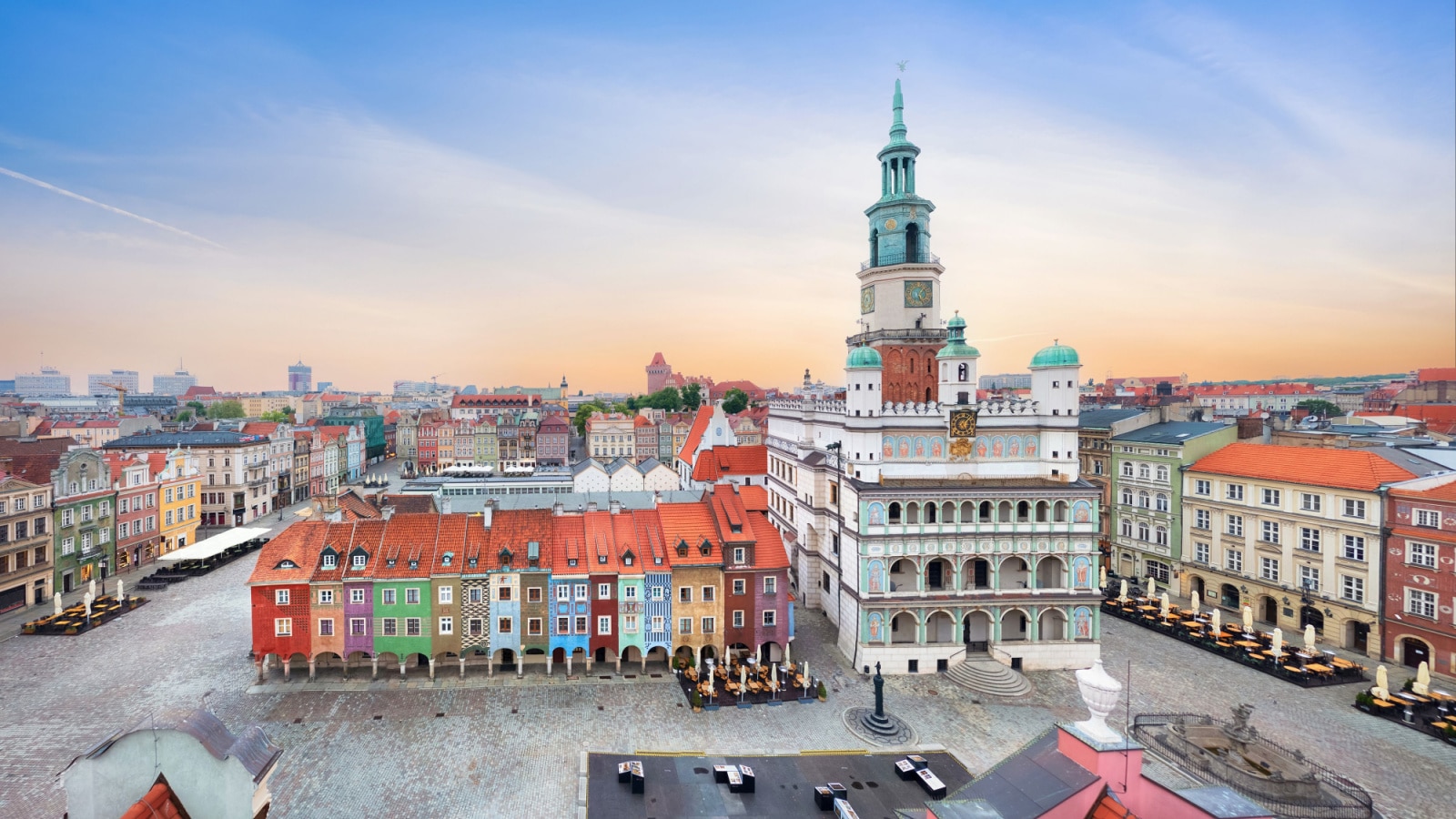 Poznan, Poland. Aerial view of Rynek (Market) square with small colorful houses and old Town Hall