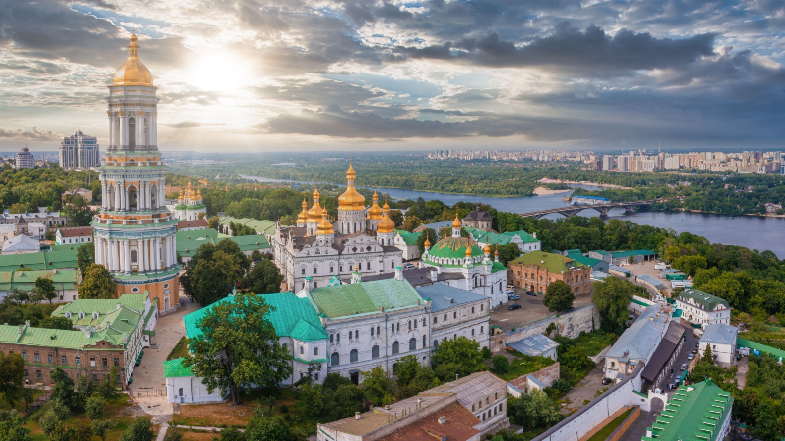 Magical aerial view of the Kiev Pechersk Lavra near the Motherland Monument. UNESCO world heritage in Kyiv, Ukraine. Kiev Monastery of the Caves.