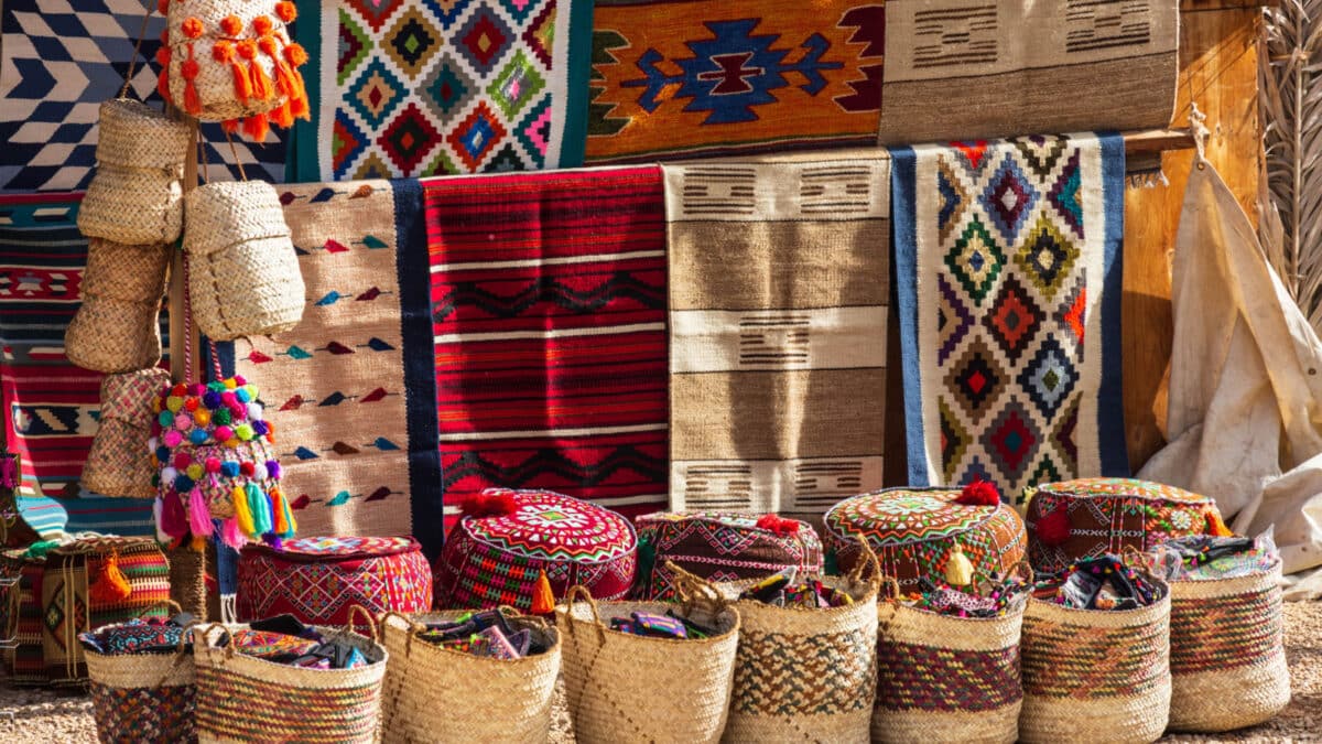 Siwa oasis, Egypt - January 2022: Traditional handmade oriental carpets in a souvenir shop in Siwa oasis near Cleopatra's Pool