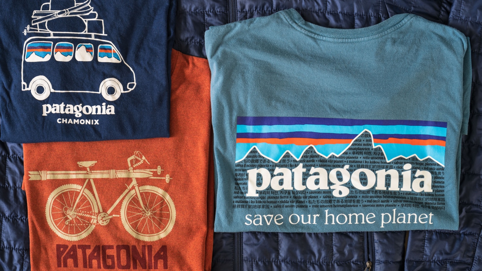 Groningen, The Netherlands - September 17, 2022: Patagonia Nano Puff jacket and several Patagonia T-shirts with Patagonia Logo.