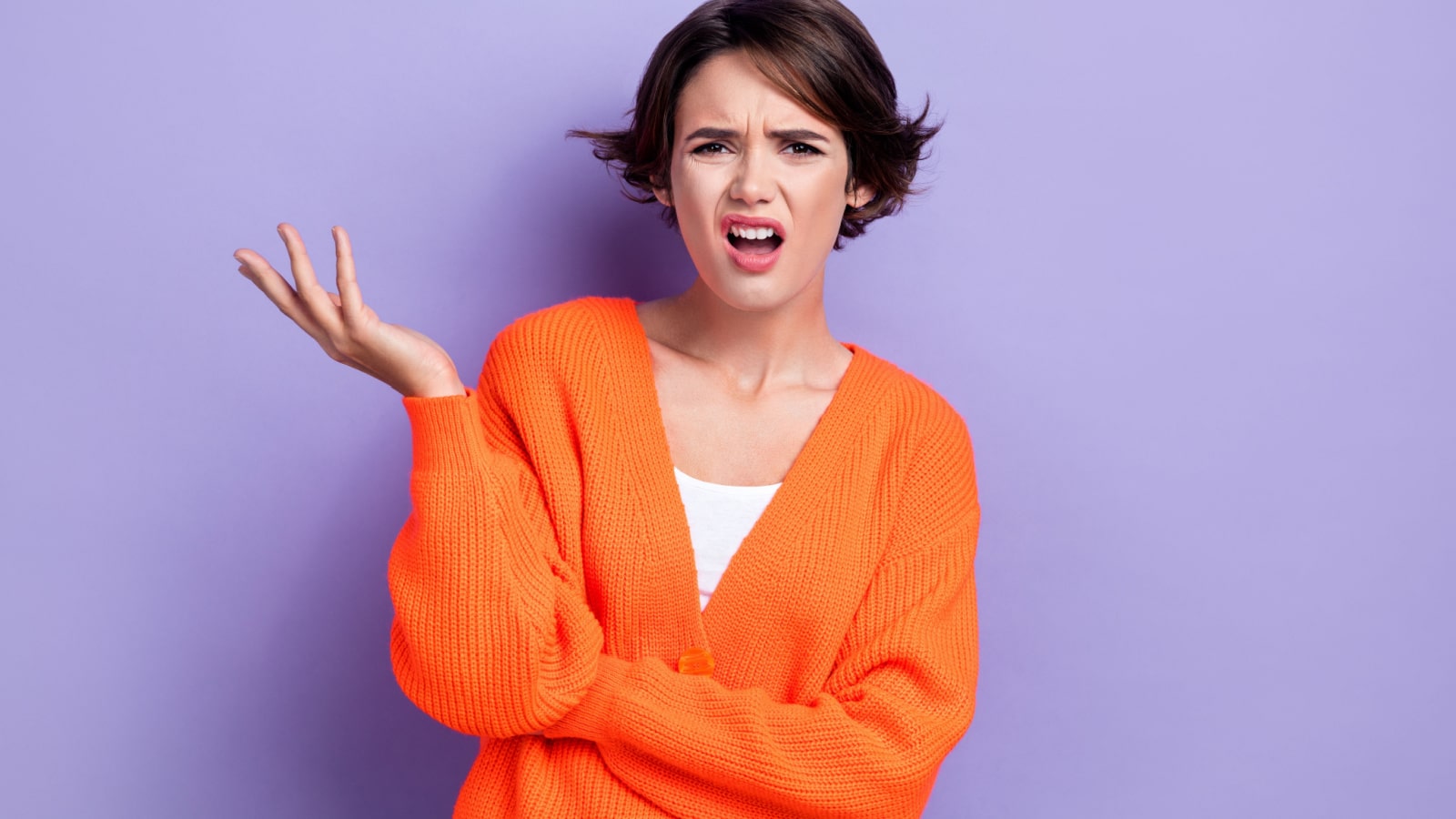 Photo of unsatisfied angry lady wear bright clothes disappointed bad behavior results isolated on purple color background