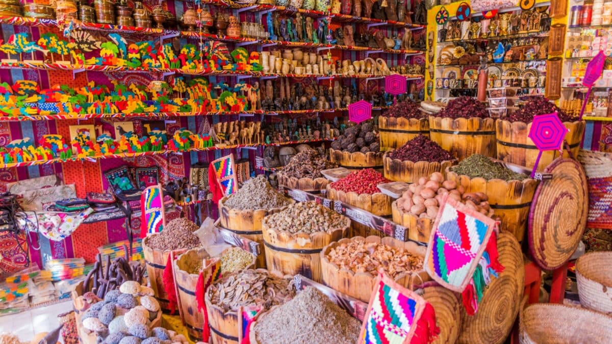 ASWAN, EGYPT: FEB 22, 2019: Various items for sale in a shop in Nubian village Gharb Seheil, Egypt