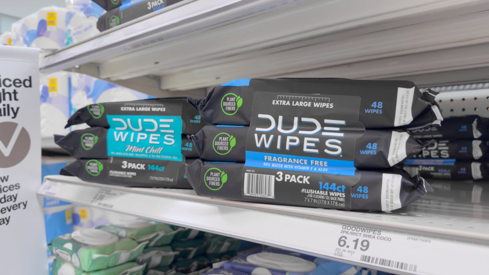 Los Angeles, California, United States - 02-01-2023: A view of several packages of Dude Wipes, on display at a local grocery store.