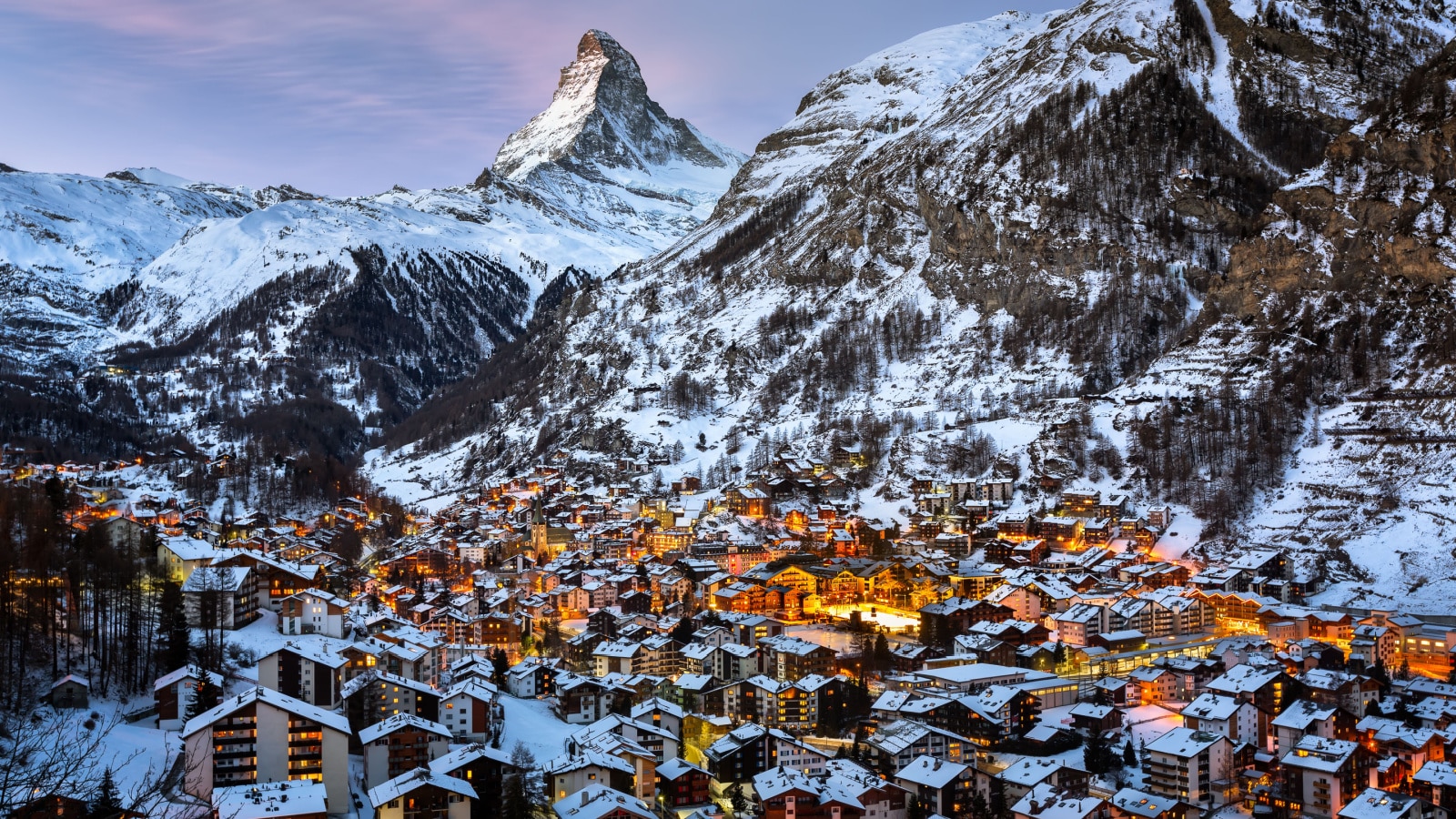 Aerial View on Zermatt Valley and Matterhorn Peak in the Morning, Switzerland