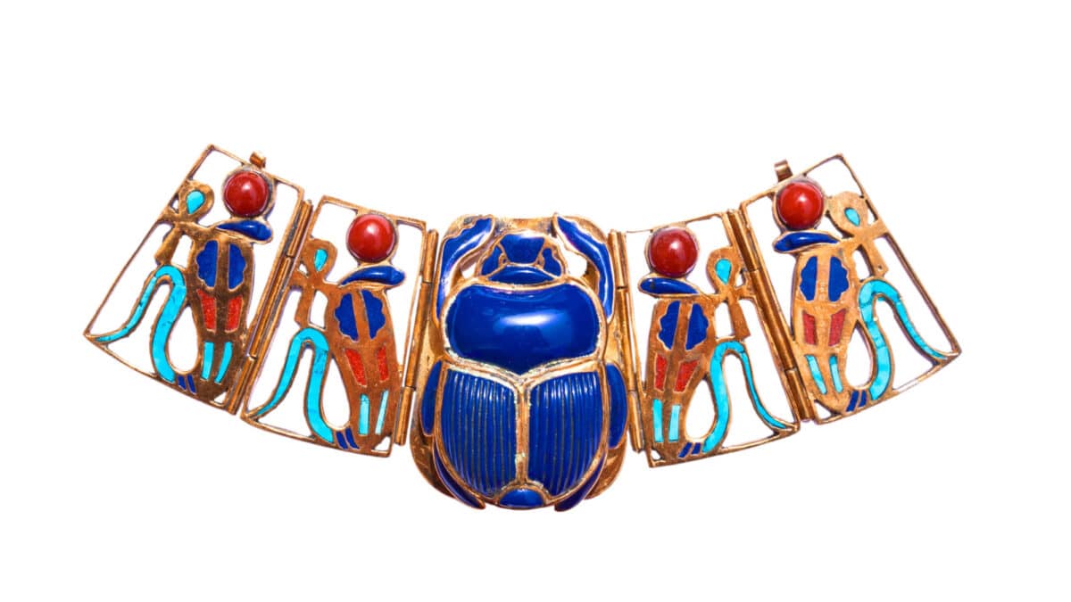 Beautiful jewelry with semiprecious stones, lapis lazuli, carnelian, necklace for woman in a shape of the ancient Egyptian scarab and serpents symbol, ancient egypt design