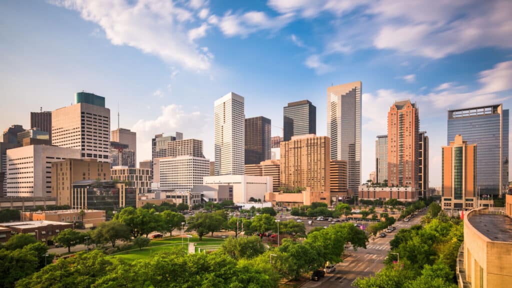 Houston, Texas, USA downtown city park and skyline.