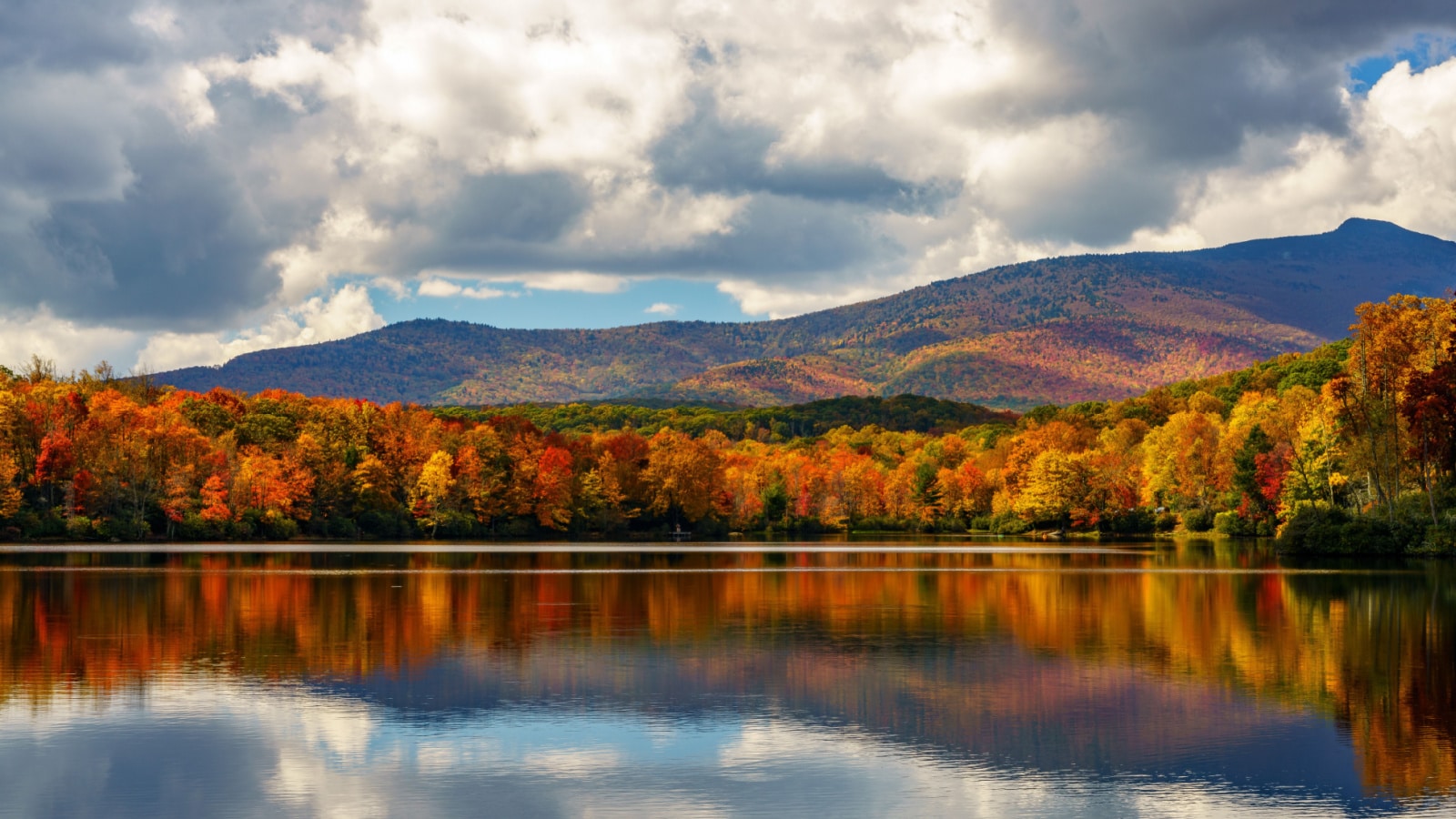 Reflective Price Lake in the Fall Blue Ridge Mountains, Appalachian Mountains, North Carolina
