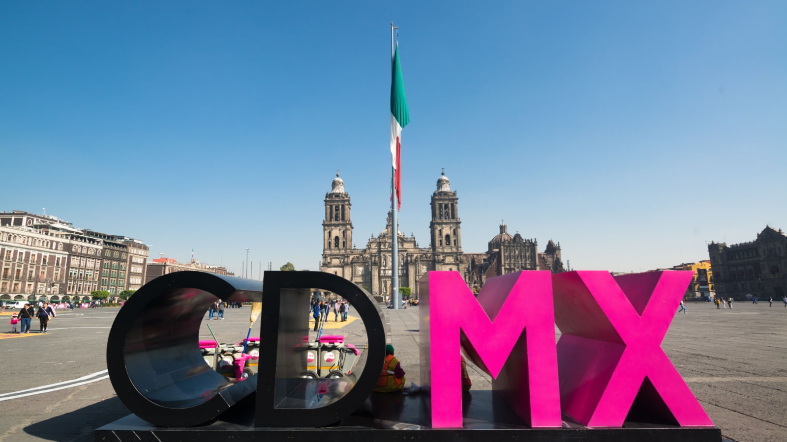 Mexico City - circa february 2016: CDMX - Ciudad de Mexico letters on Zocalo near Cathedral