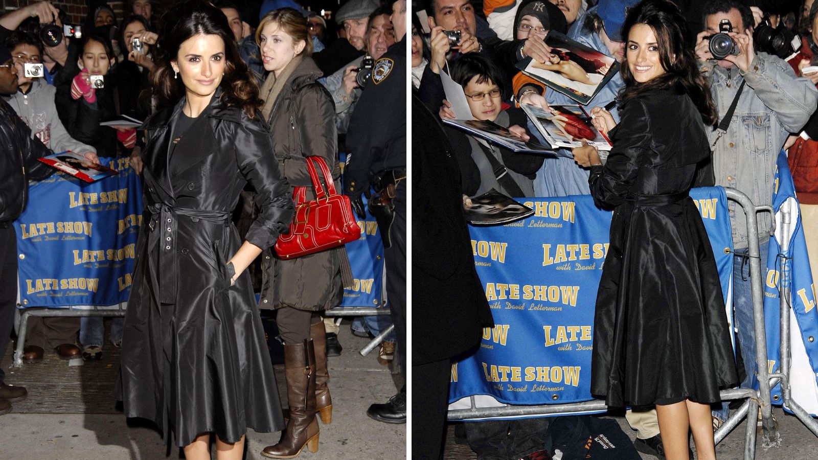 Penelope Cruz, in a Michael Kors trenchcoat, at talk show appearance for The Late Show with David Letterman, Ed Sullivan Theater, New York, January 09, 2007