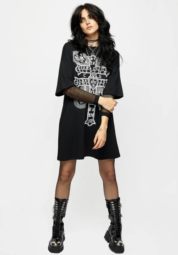 Stigmata Layered Fishnet Sleeve Tee Dress