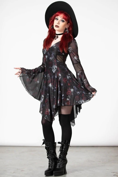 BELLFLORA MESH DRESS by Killstar Paired with Boots and Black Hat