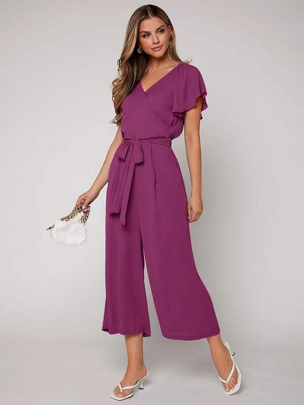 SHEIN privé Butterfly Sleeve Belted Jumpsuit