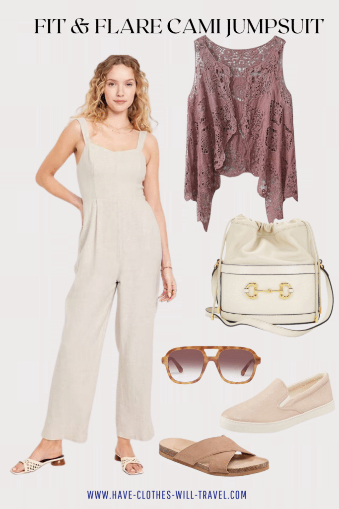 Collaged photo of a fit and flare beige cami jumpsuit with shoes and accessories as the perfect summer travel outfit