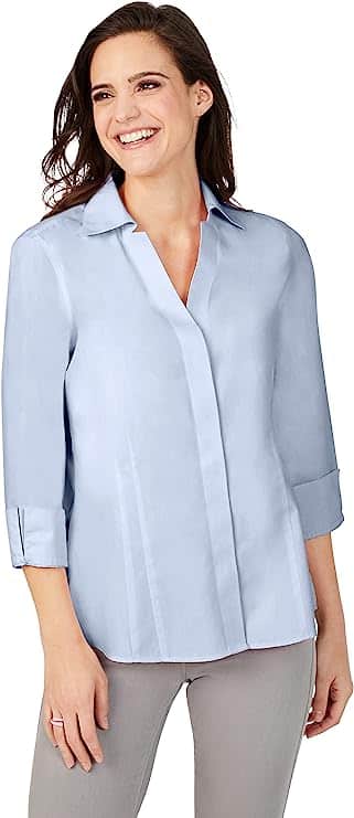 Foxcroft Women's Taylor Non-Iron Pinpoint 3/4 Sleeve Shirt, Blue Wave, 2