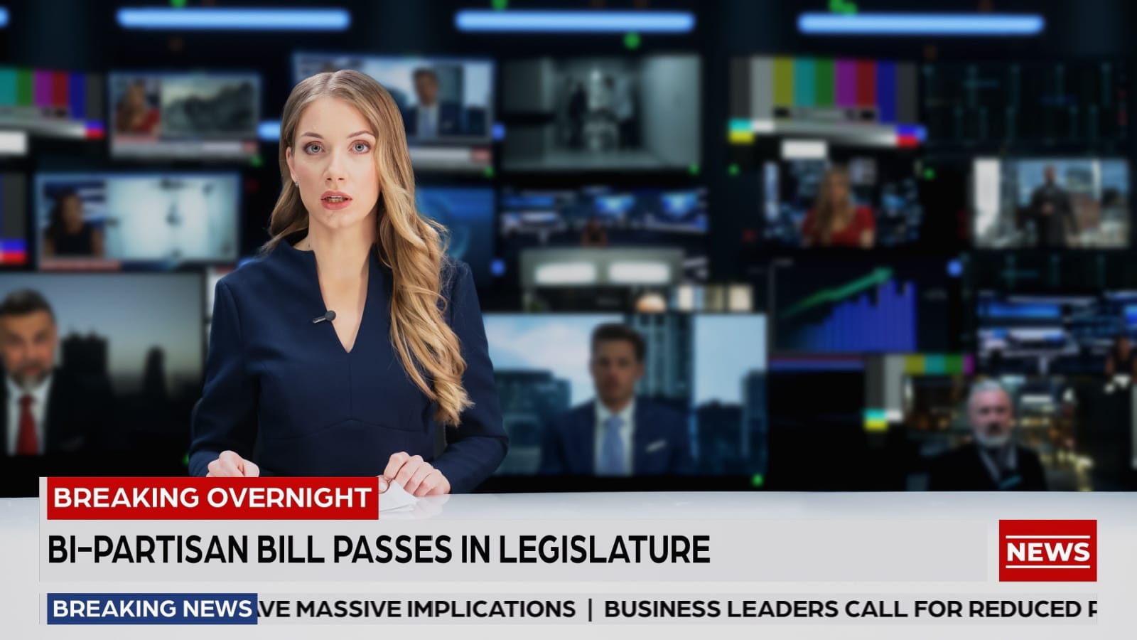 TV Live News Program with Professional Female Presenter Reporting. Television Cable Channel Anchorwoman Talks. Mockup of Network Broadcasting in Newsroom Studio Concept. Medium