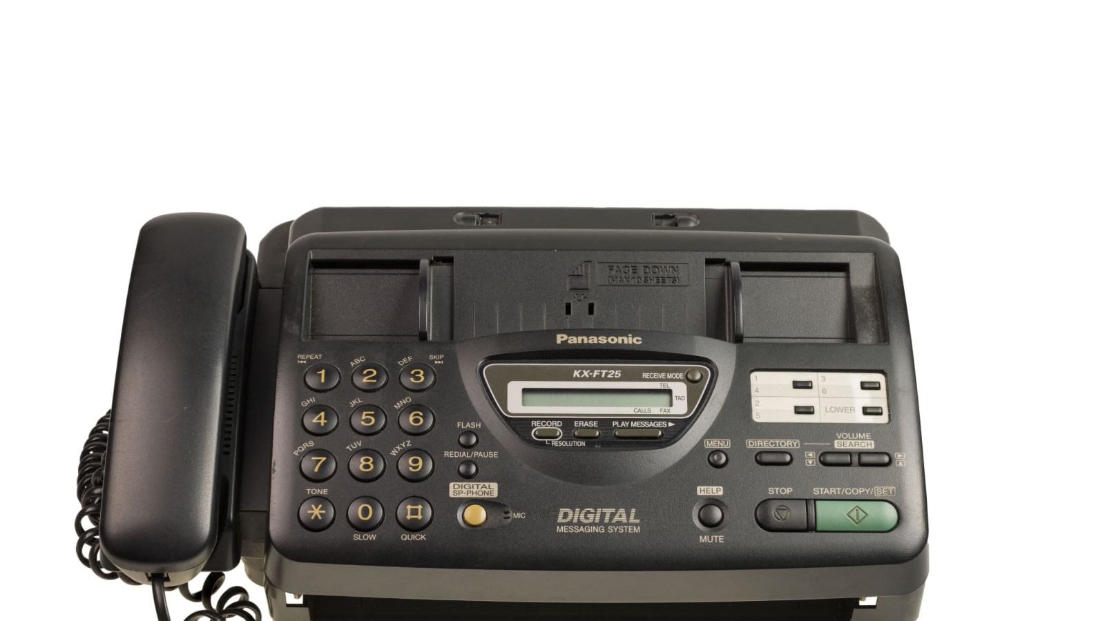 Close up view of old Panasonic fax phone isolated on white background. Sweden. Uppsala. 11.13.2022.