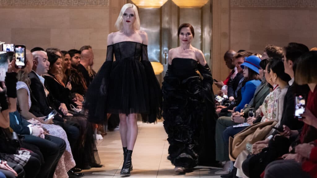 Model and Jean Shafiroff walk runway for Malan Breton collection Fantome show during FallWinter 2023 Fashion Week at Leman Ballroom in New York on February 11, 2023