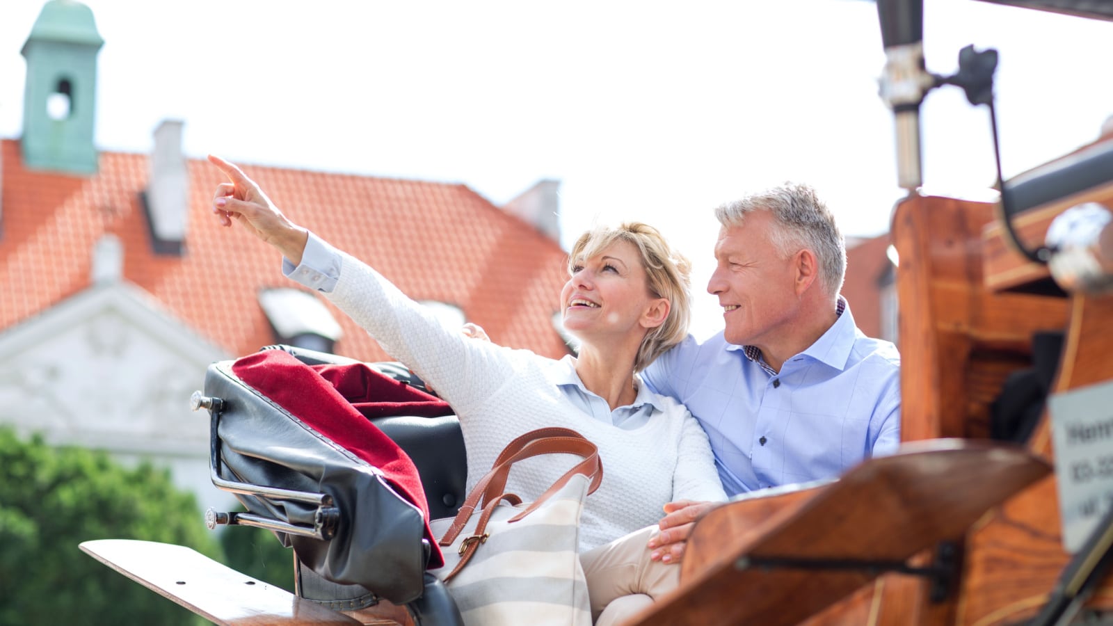 Middle-aged woman showing something to man while sitting in horse cart