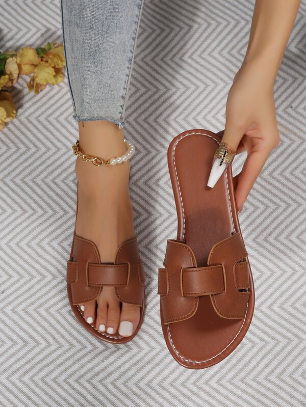 Elegant Brown Slide Sandals For Women, Stitch Detail Cut Out Design Sandals