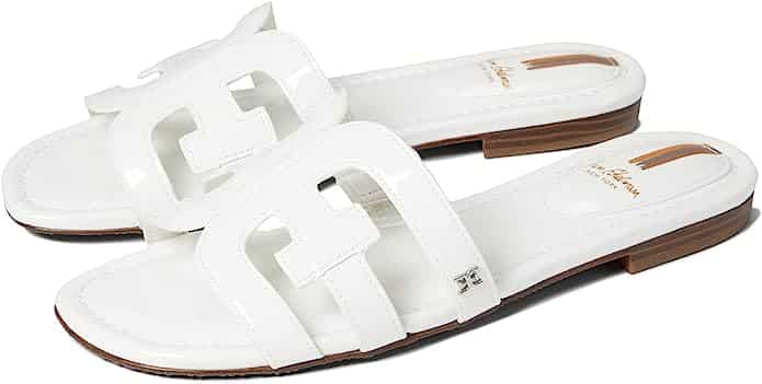 Sam Edelman Women's Bay Classic Slide Sandal -- white leather sandals with a strap design that is similar to Hermès Oran sandals.