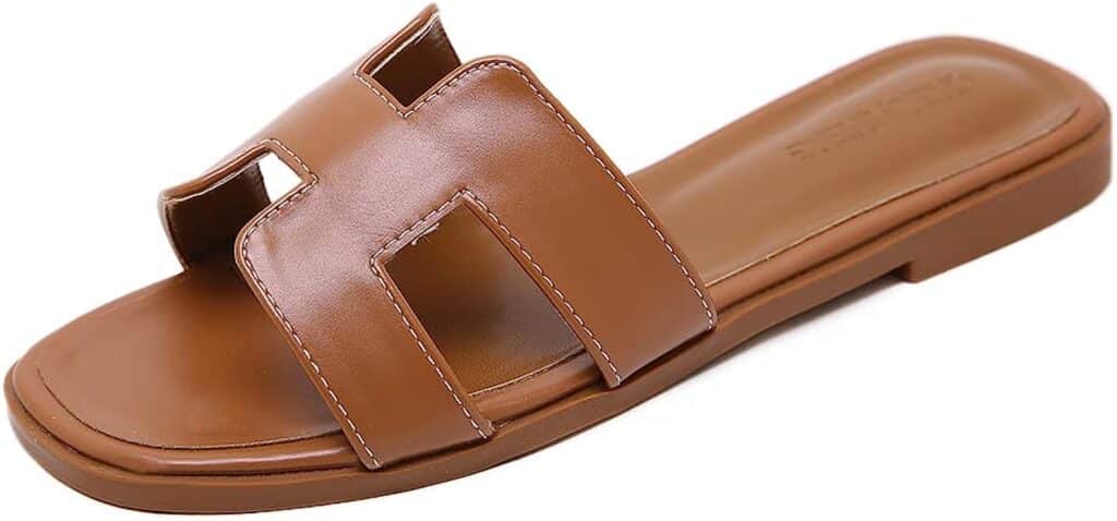 Stratuxx Kaze Womens Flat Sandals -- brown leather sandals with an over-the-foot band that's almost a perfect dupe of the Hermès Oran sandals.