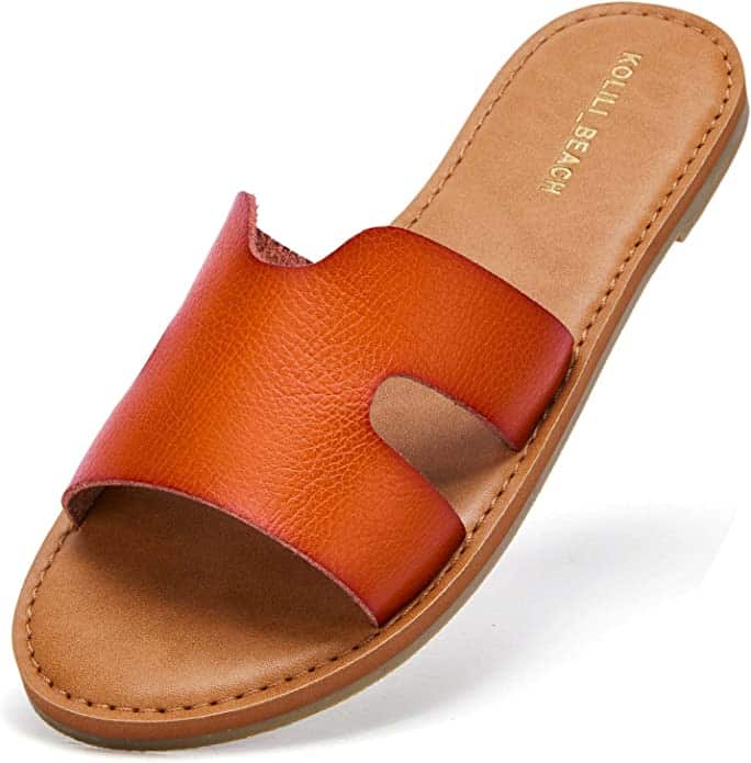 A pair of flat sandals has a brown leather base and a deep burnt-orange leather strap over the foot. The style is reminiscent of Hermès Oran sandals.