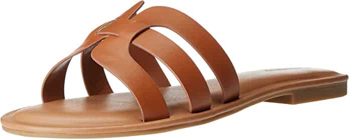 The Drop Women's Monika Flat H-Band Slide Sandal -- caramel colored leather sandals with strappy over-the-foot bands.