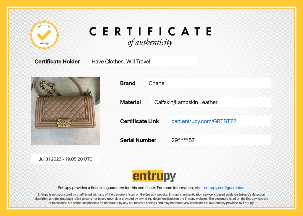 Entrupy certificate of authenticity for my Chanel bag from What Goes Around Comes Around NYC