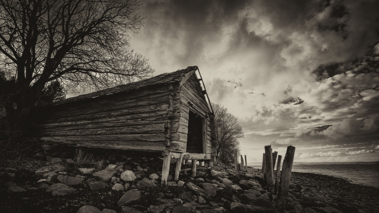 Old boat house on the shores of Trondheimsfjorden, Norway.