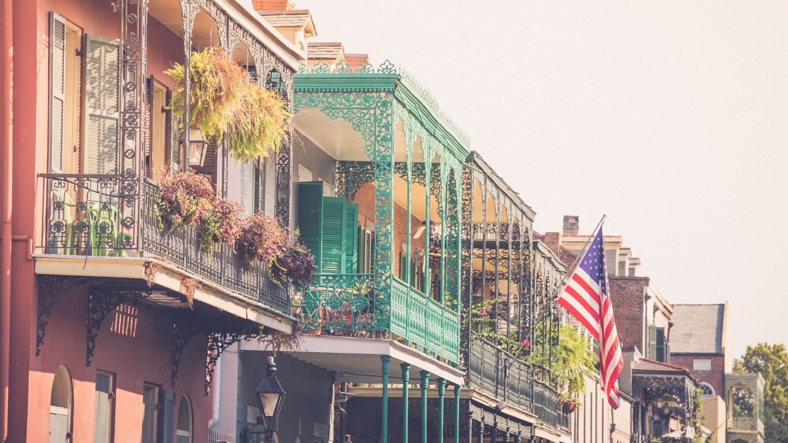 Colorful balconies line the streets in the French Quarter of New Orleans Louisiana