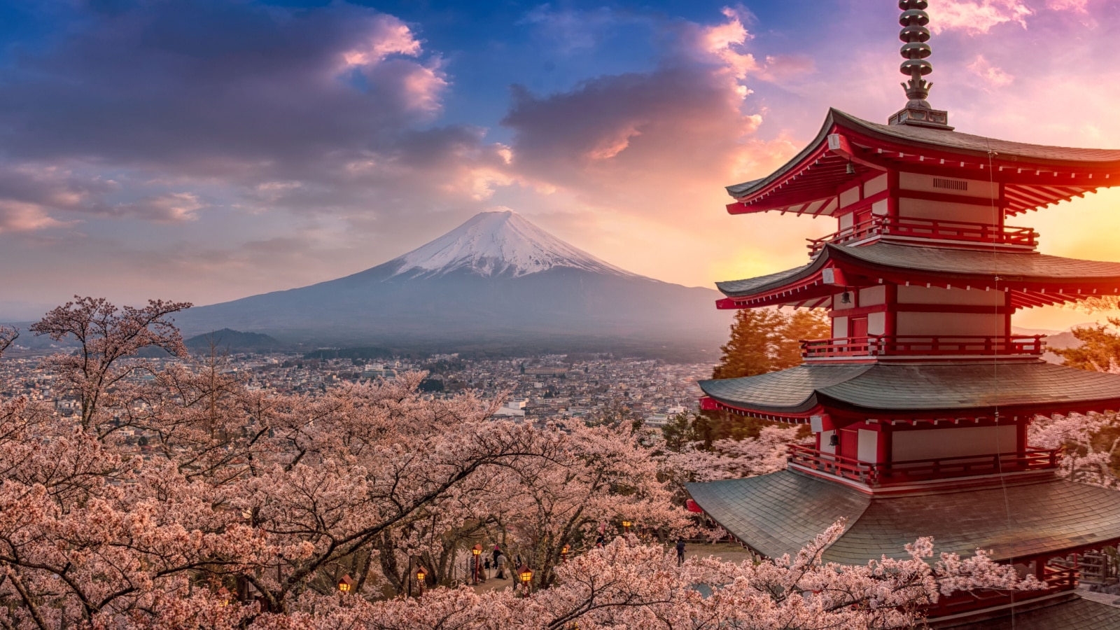 Fujiyoshida, Japan Beautiful view of mountain Fuji and Chureito pagoda at sunset, japan in the spring with cherry blossoms