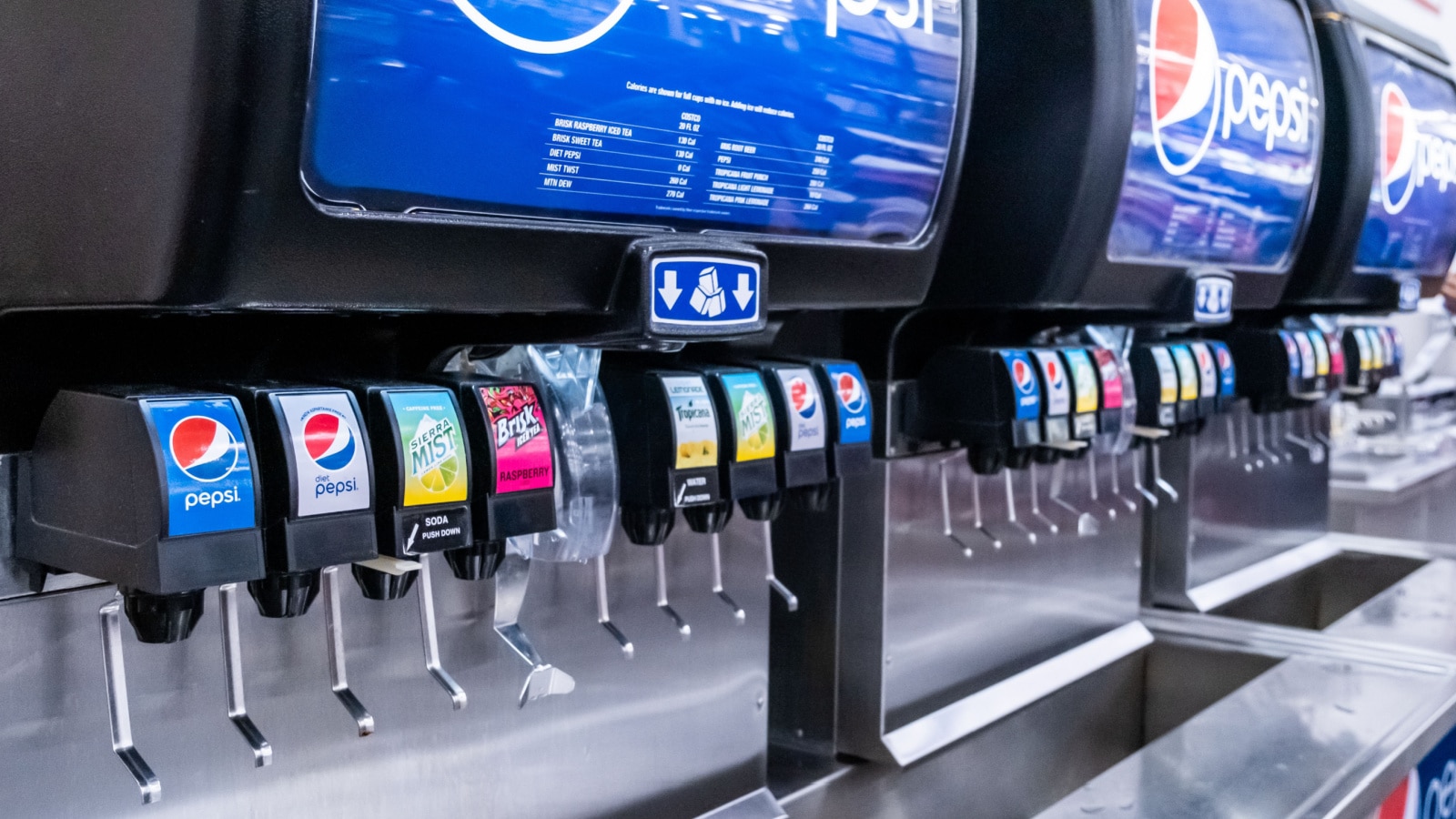 Sacramento, CA/USA Feb 12, 2020: Pepsi soda fountain inside Costco Warehouse food court allows customers to fill up their drinks and get free refills